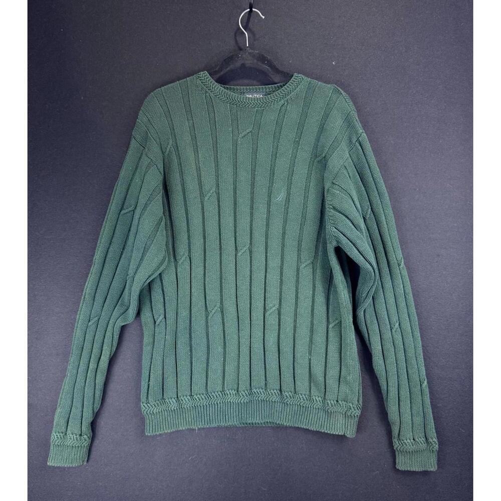 Nautica Chunky Knit Cotton Grandpa Sweater Green Medium Classic - Picture 1 of 9
